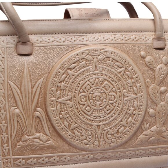 Vintage Mexican Tan Tooled Leather Handbag Purse Mayan Art Bull Retro Top Handle - Picture 12 of 16
